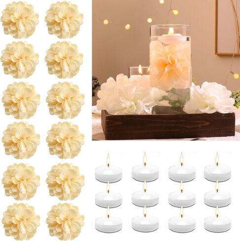 24 Pcs Floating Candles for Centerpieces and Floating Flowers Artificial Flowers Head Vase Filler for Party Home Table Wedding Centerpieces Decoration (Blue) in Kuwait