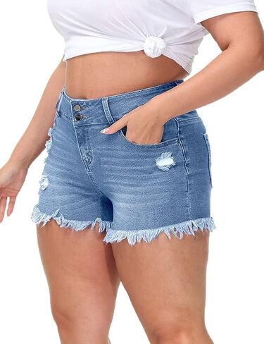 Women Plus Size Jean Shorts Sexy Stretchy High Waisted Frayed Raw Hem Denim Shorts in Saudi Arabia