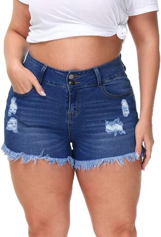 Women Plus Size Jean Shorts Sexy Stretchy High Waisted Frayed Raw Hem Denim Shorts in Saudi Arabia