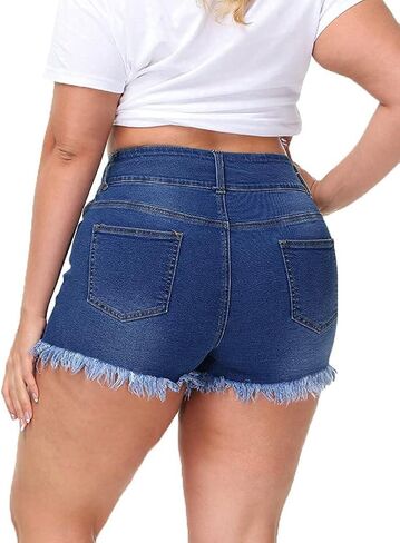 Women Plus Size Jean Shorts Sexy Stretchy High Waisted Frayed Raw Hem Denim Shorts in Saudi Arabia