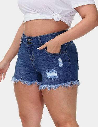Women Plus Size Jean Shorts Sexy Stretchy High Waisted Frayed Raw Hem Denim Shorts in Saudi Arabia