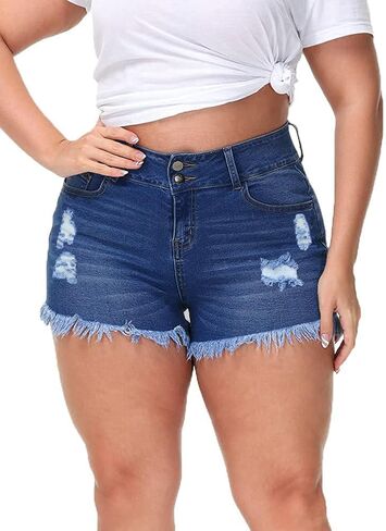 Women Plus Size Jean Shorts Sexy Stretchy High Waisted Frayed Raw Hem Denim Shorts in Saudi Arabia