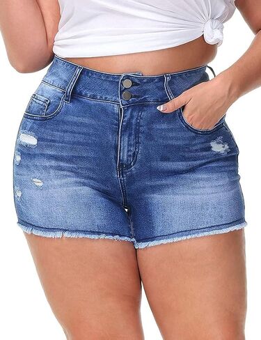 Women Plus Size Jean Shorts Sexy Stretchy High Waisted Frayed Raw Hem Denim Shorts in Saudi Arabia