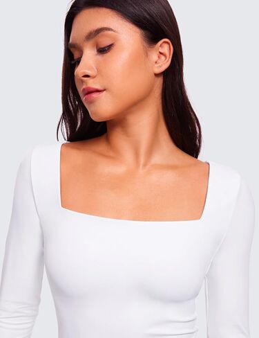 CRZ YOGA Womens Butterluxe Double Lined Long Sleeve Crop Top Square Neck Workout Athletic Casual Cropped Fitted Basic Shirts in Saudi Arabia