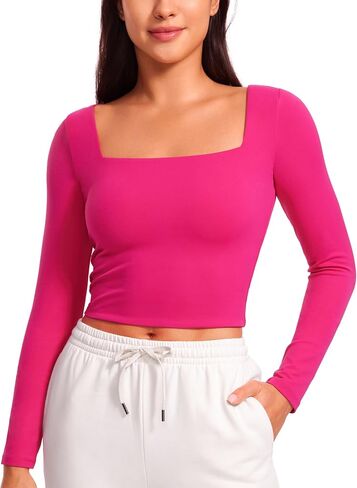 CRZ YOGA Womens Butterluxe Double Lined Long Sleeve Crop Top Square Neck Workout Athletic Casual Cropped Fitted Basic Shirts in Saudi Arabia