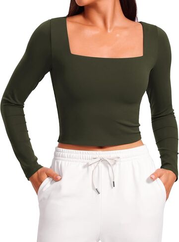 CRZ Yoga Womens Butterluxe مزدوج الأكمام طويلة الأكمام المحصول العلوي مربع الرقبة تجريب رياضي غير رسمي القمصان الأساسية المجهزة in Saudi Arabia