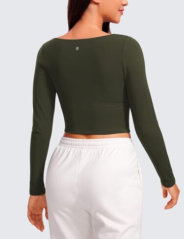 CRZ Yoga Womens Butterluxe مزدوج الأكمام طويلة الأكمام المحصول العلوي مربع الرقبة تجريب رياضي غير رسمي القمصان الأساسية المجهزة in Saudi Arabia