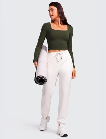 CRZ Yoga Womens Butterluxe مزدوج الأكمام طويلة الأكمام المحصول العلوي مربع الرقبة تجريب رياضي غير رسمي القمصان الأساسية المجهزة in Saudi Arabia