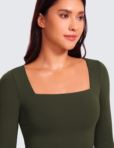 CRZ Yoga Womens Butterluxe مزدوج الأكمام طويلة الأكمام المحصول العلوي مربع الرقبة تجريب رياضي غير رسمي القمصان الأساسية المجهزة in Saudi Arabia
