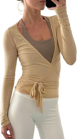 LuckInbaby Women Wrap Long Sleeve Procleout T Shirts v Neck Ruched Tie Brid in Kuwait