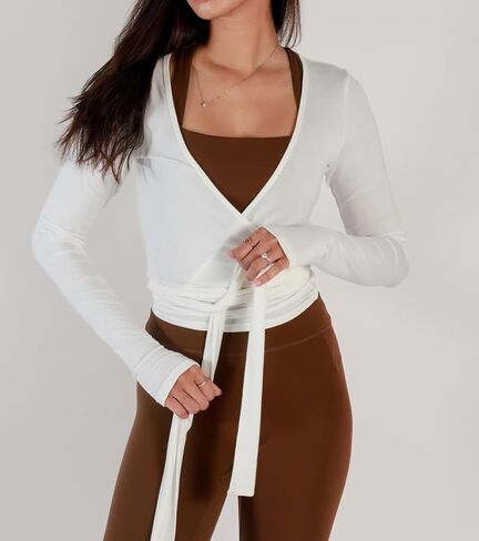 LuckInbaby Women Wrap Long Sleeve Procleout T Shirts v Neck Ruched Tie Brid in Kuwait