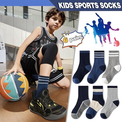 MOGGEI Boys Kids Girls Athletic Socks Basketball Sport Youth Crew Cotton Breathable Outdoor Socks 6 Pairs in Kuwait