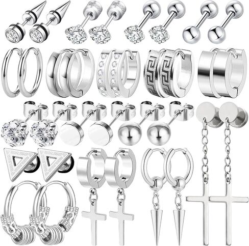 17 زوجًا من الأقراط للرجال، أقراط من الفولاذ المقاوم للصدأ للرجال ذوي البشرة الحساسة، طقم أقراط متدلية على شكل حلق أسود أنيق، مجموعة أقراط متدلية متقاطعة لا تسبب الحساسية، لامعة تدوم طويلاً in Kuwait