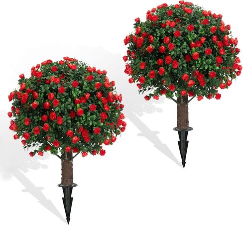 23" Artificial Rose Flowers Boxwood Topiary Ball Trees, 2Packs UV Resistant Fake Plants with Ground Spike for Indoors & Outdoor, Faux Bush for Front Door, Porch, Garden, and Home Decor in Saudi Arabia