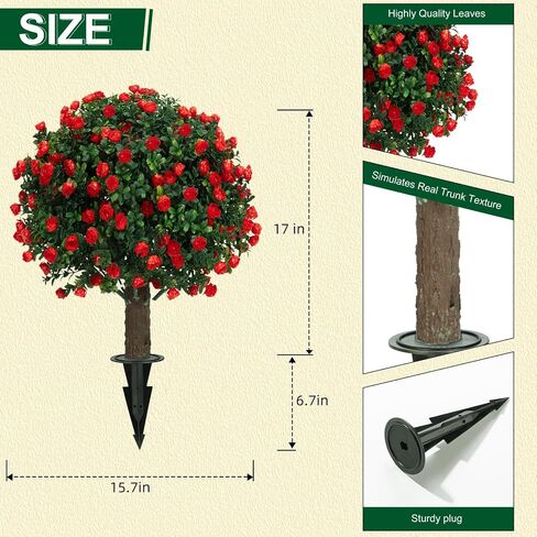 23" Artificial Rose Flowers Boxwood Topiary Ball Trees, 2Packs UV Resistant Fake Plants with Ground Spike for Indoors & Outdoor, Faux Bush for Front Door, Porch, Garden, and Home Decor in Saudi Arabia