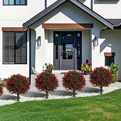 23" Artificial Rose Flowers Boxwood Topiary Ball Trees, 2Packs UV Resistant Fake Plants with Ground Spike for Indoors & Outdoor, Faux Bush for Front Door, Porch, Garden, and Home Decor in Saudi Arabia