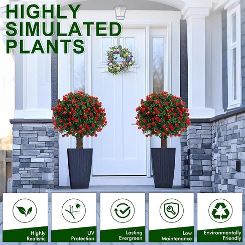 23" Artificial Rose Flowers Boxwood Topiary Ball Trees, 2Packs UV Resistant Fake Plants with Ground Spike for Indoors & Outdoor, Faux Bush for Front Door, Porch, Garden, and Home Decor in Saudi Arabia
