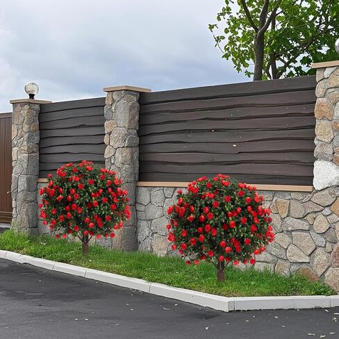 23" Artificial Rose Flowers Boxwood Topiary Ball Trees, 2Packs UV Resistant Fake Plants with Ground Spike for Indoors & Outdoor, Faux Bush for Front Door, Porch, Garden, and Home Decor in Saudi Arabia