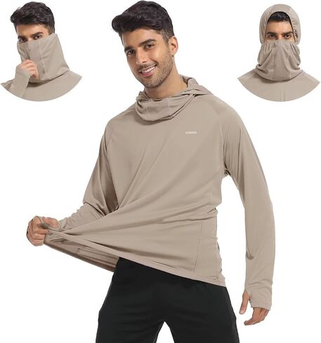 Mens Long Sleeve Sun Shirt with Hood Mask UPF SPF UV Protection for Hiking Fishing Kayaking Summer Outdoor Activities in Kuwait