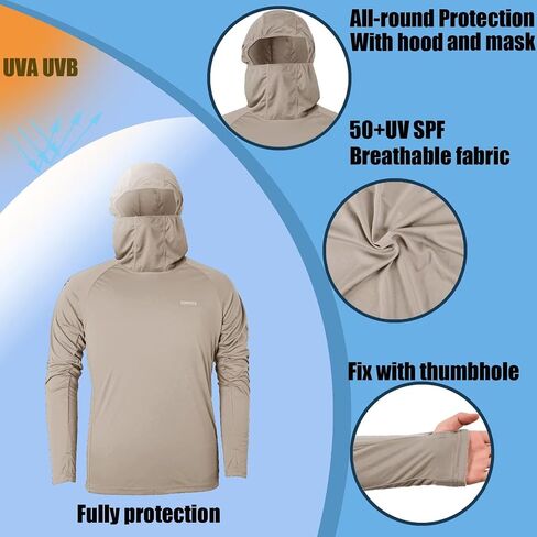 Mens Long Sleeve Sun Shirt with Hood Mask UPF SPF UV Protection for Hiking Fishing Kayaking Summer Outdoor Activities in Kuwait