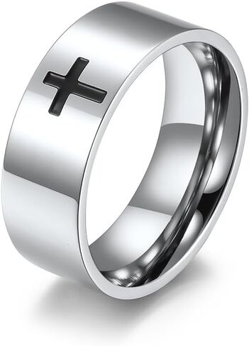 Men's Cross Ring Stainless Steel Black/Silver 6mm/8mm Faith Engagement Wedding Promise Band Ring Jewelry size 8-12 in Kuwait