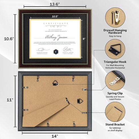 8.5x11 Diploma Frame with Black over Gold Mat or Full Display 11x14 Document Certificate Frame for Diploma Degree with HD Tempered Glass Graduation Picture Frame for Wall, Mahogany in Saudi Arabia