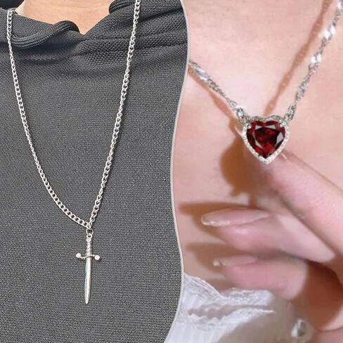 Heart and Sword Couples Necklace Gold Stainless Steel Pink Heart Zirconia Chain Trendy Matching Sword Through Heart Necklace Set Romantic Necklaces for friend Couple in Saudi Arabia