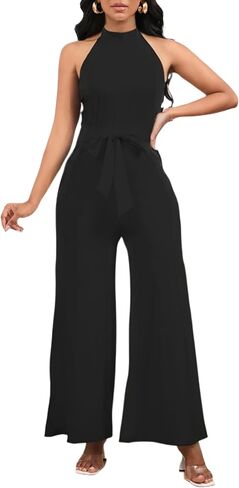 Womens Summer Sleeveless Halter Neck Jumpsuits Dressy Casual One Piece Outfits Backless Wide Leg Pants Rompers with Belt in Saudi Arabia