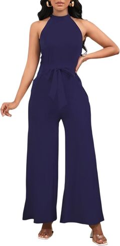 Womens Summer Sleeveless Halter Neck Jumpsuits Dressy Casual One Piece Outfits Backless Wide Leg Pants Rompers with Belt in Saudi Arabia