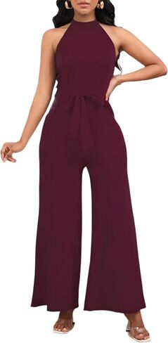 Womens Summer Sleeveless Halter Neck Jumpsuits Dressy Casual One Piece Outfits Backless Wide Leg Pants Rompers with Belt in Saudi Arabia