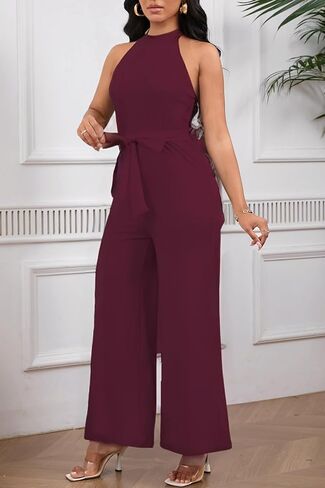 Womens Summer Sleeveless Halter Neck Jumpsuits Dressy Casual One Piece Outfits Backless Wide Leg Pants Rompers with Belt in Saudi Arabia