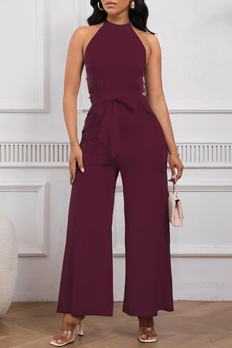 Womens Summer Sleeveless Halter Neck Jumpsuits Dressy Casual One Piece Outfits Backless Wide Leg Pants Rompers with Belt in Saudi Arabia