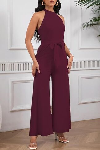 Womens Summer Sleeveless Halter Neck Jumpsuits Dressy Casual One Piece Outfits Backless Wide Leg Pants Rompers with Belt in Saudi Arabia