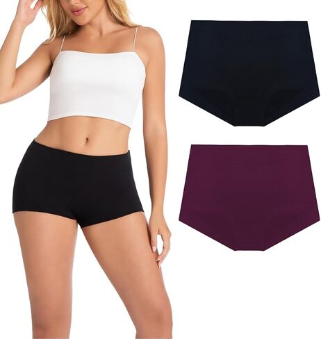 Women's Boy Shorts Panties Ladies Cotton Underwear High Waisted Underpants (2Pack) in Kuwait