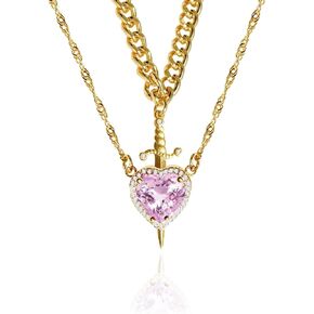Heart and Sword Couples Necklace Gold Stainless Steel Pink Heart Zirconia Chain Trendy Matching Sword Through Heart Necklace Set Romantic Necklaces for friend Couple in Kuwait