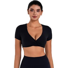 Sunzel Women's Short Sleeve Workout Tops Twist Front Deep V Crop Top Quick Dry Compression Shirts for Yoga Gym Pilates Spring