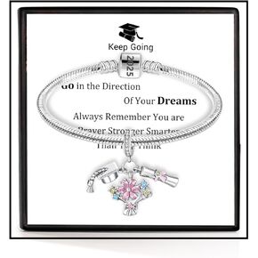 Graduation Bracelets with Triple Dangle Charm Silver Bracelets For Women Flower Stone Bracelets For Women High School Graduation Gifts For Her 2025 Inspirational Gifts