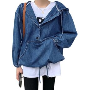 chouyatou Women Hooded 1/2 Button Down Pullover Denim Jacket Hoodie Boyfriend Casual Jean Sweatshirt Top