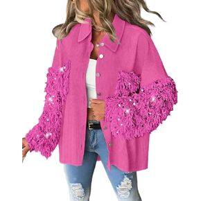 CHICME Women's Casual Oversized Button Down Corduroy Shirt Jacket Long Sleeve Shacket with Fringe