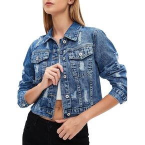 LifeShe Distressed Jean Jacket Women Cropped Button Down Washed Boyfriend Denim Jacket Crop Ripped Coat