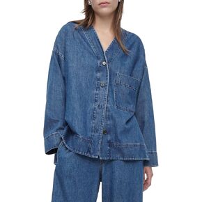 Women's V Neck Button Down Casual Jean Jacket Boyfriend Oversized Long Sleeve Split Denim Jacket