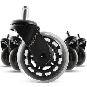 مجموعة عجلات كراسي المكتب الأصلية من Stealtho مكونة من 5 قطع - تحمي الأرضيات الصلبة والسجاد - عجلات بديلة شديدة التحمل - بولي يوريثين أسود ناعم - مقاس عالمي 7/16 بوصة × 7/8 بوصة in Kuwait