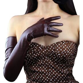 DooWay Women's Extra Long Leather Gloves Faux Lambskin Soft for Eevening Party Runway Show Costume Coffee Brown 27"