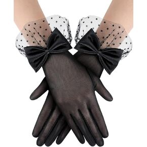 1920s Lace Black Tea Party Gloves for Women, Short Mesh Bridal Gloves for Tea Party Dinner Wedding Opera Evening Party