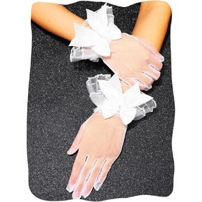 White Bridal Sheer Gloves Bows Tulle Mesh Gloves for Women