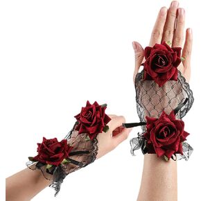 Gothic Rose Lace Gloves Black Fingerless Short Lace Wrist Cuff Gloves Sexy Hand Sleeve for Women Halloween Wedding Masquerade Party Cosplay Decoration