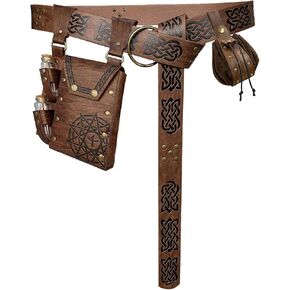 3PCs Alchemy Belt Bag Set, Vintage Embossed Belt with Fantasy belt Pouch Dice Bag, Medieval accessories for Ren Faire (Brown A)