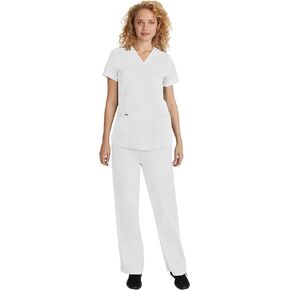مجموعة فرك الأيدي الشفاء للنساء مع 5 جيوب ، فرك V-scrub أعلى 2278 ، و Taylor Pants 9095 مع تقنية امتداد ثنائية الاتجاه ، أبيض-M TOP/M PANT