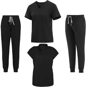 Scrubs for Women 2-Piece Set (V-Neck Knit + Stand Collar Uniform) | Multi-Pocket, Breathable & Stretchy Fabric | Available in Sizes 2XL & Colors Black for Nurses, Doctors & Healt