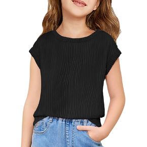 Haloumoning Girls T Shirts Short Sleeve Cute Tops Summer Casual Tshirts Textured Basic Tees 5-14 Years